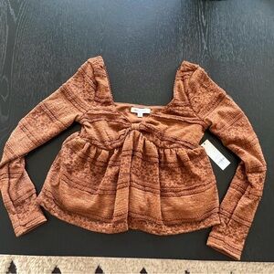 Francesca’s Women's Caramel Brown Long Sleeve Lace Blouse